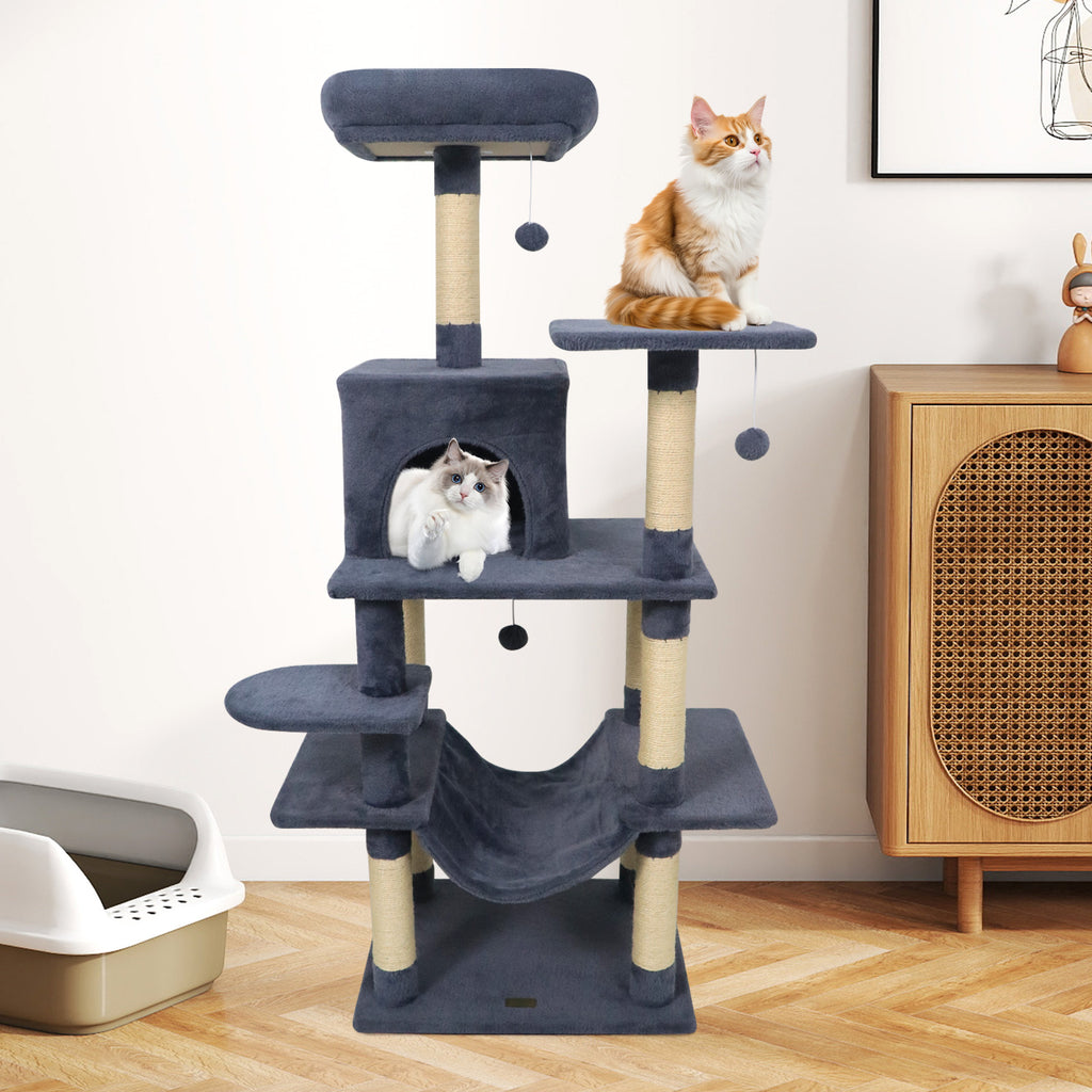 58-Inch Multi-Level Cat Tree Tower with Plush Padded Perch & Sisal Posts - Gray Variation