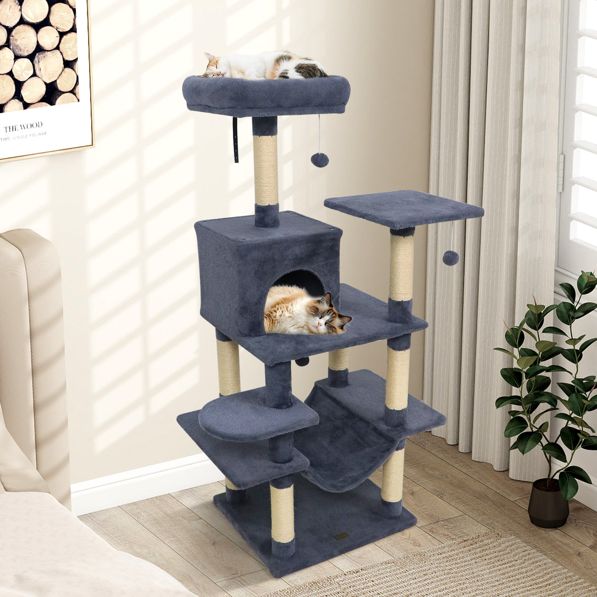 58-Inch Multi-Level Cat Tree Tower with Plush Padded Perch & Sisal Posts - Gray Variation