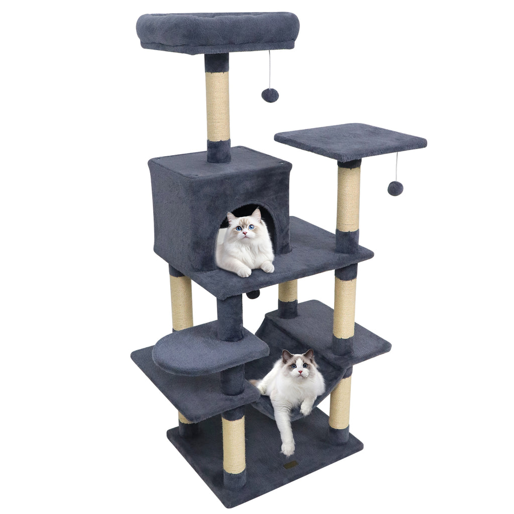 58-Inch Multi-Level Cat Tree Tower with Plush Padded Perch & Sisal Posts - Gray Variation