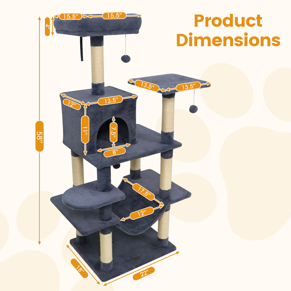 58-Inch Multi-Level Cat Tree Tower with Plush Padded Perch & Sisal Posts - Gray Variation