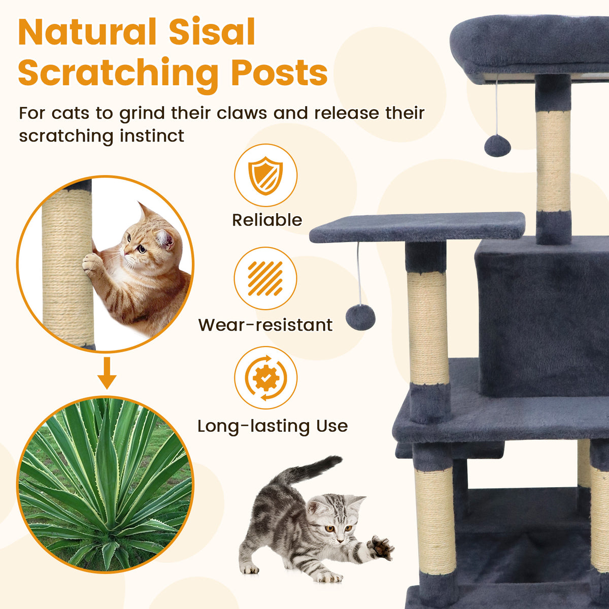 58-Inch Multi-Level Cat Tree Tower with Plush Padded Perch & Sisal Posts - Gray Variation