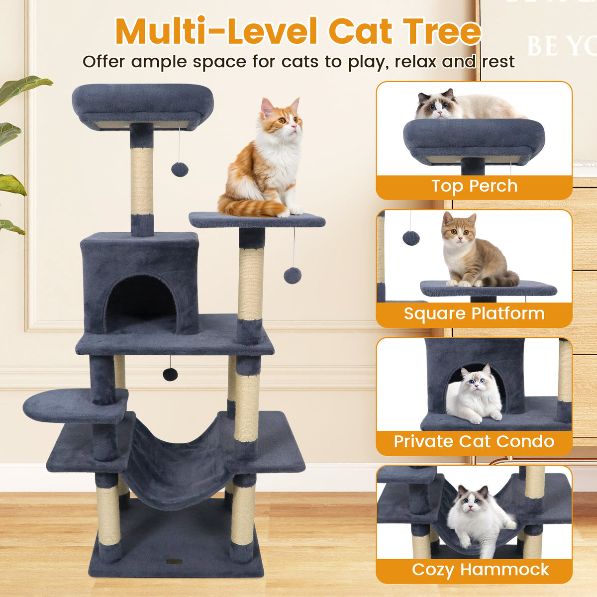 58-Inch Multi-Level Cat Tree Tower with Plush Padded Perch & Sisal Posts - Gray Variation