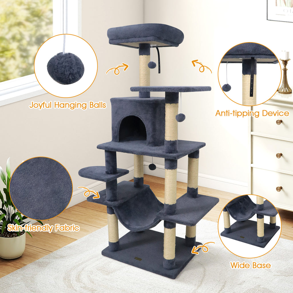 58-Inch Multi-Level Cat Tree Tower with Plush Padded Perch & Sisal Posts - Gray Variation
