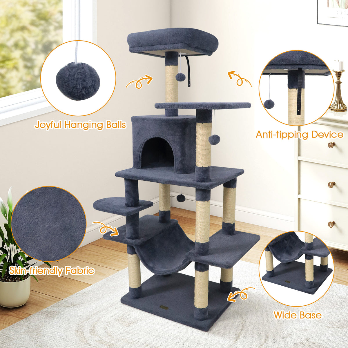 58-Inch Multi-Level Cat Tree Tower with Plush Padded Perch & Sisal Posts - Gray Variation