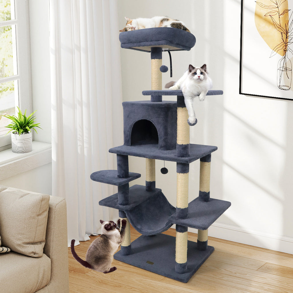 58-Inch Multi-Level Cat Tree Tower with Plush Padded Perch & Sisal Posts - Gray Variation