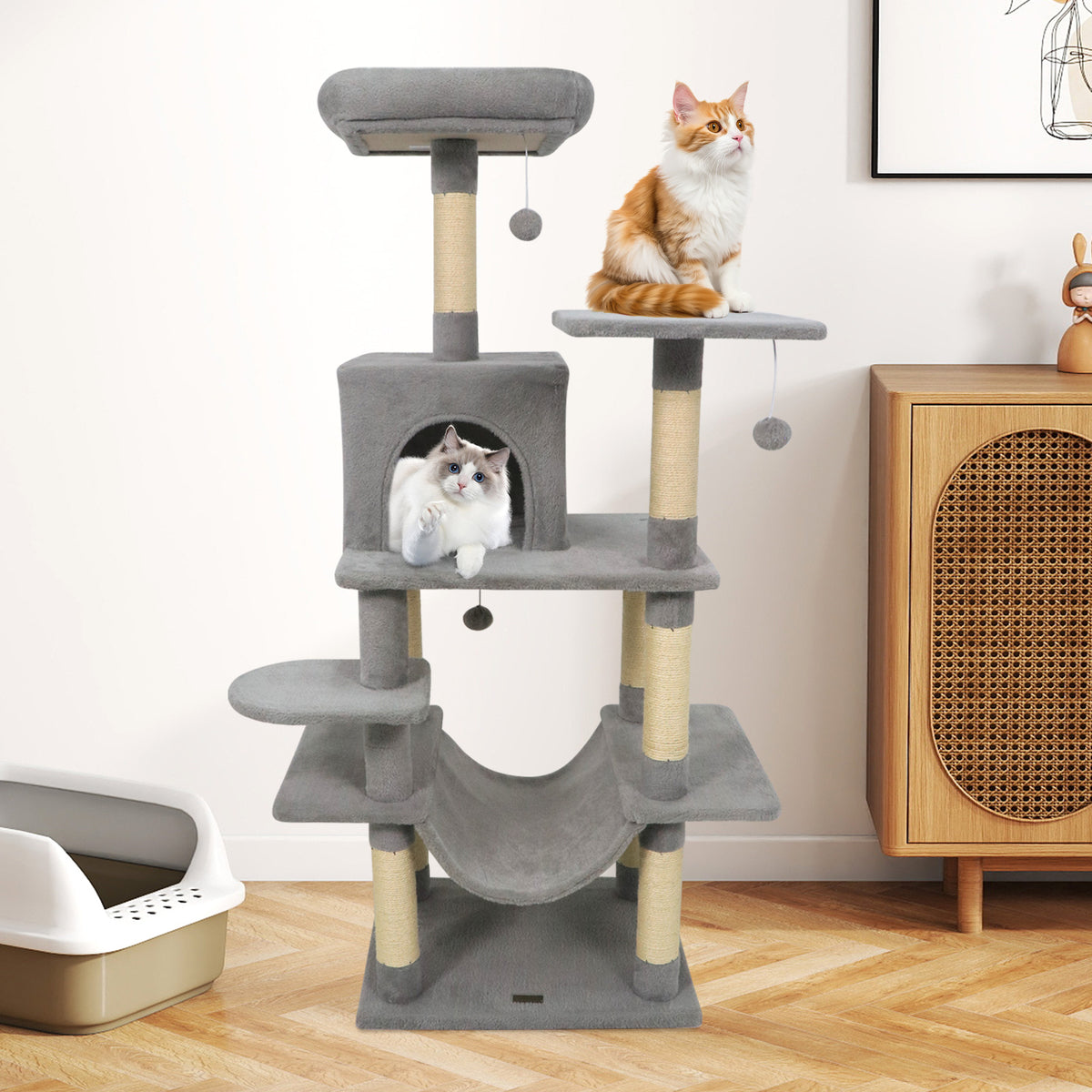 58-Inch Multi-Level Cat Tree with Padded Top Perch - Light Gray Variation