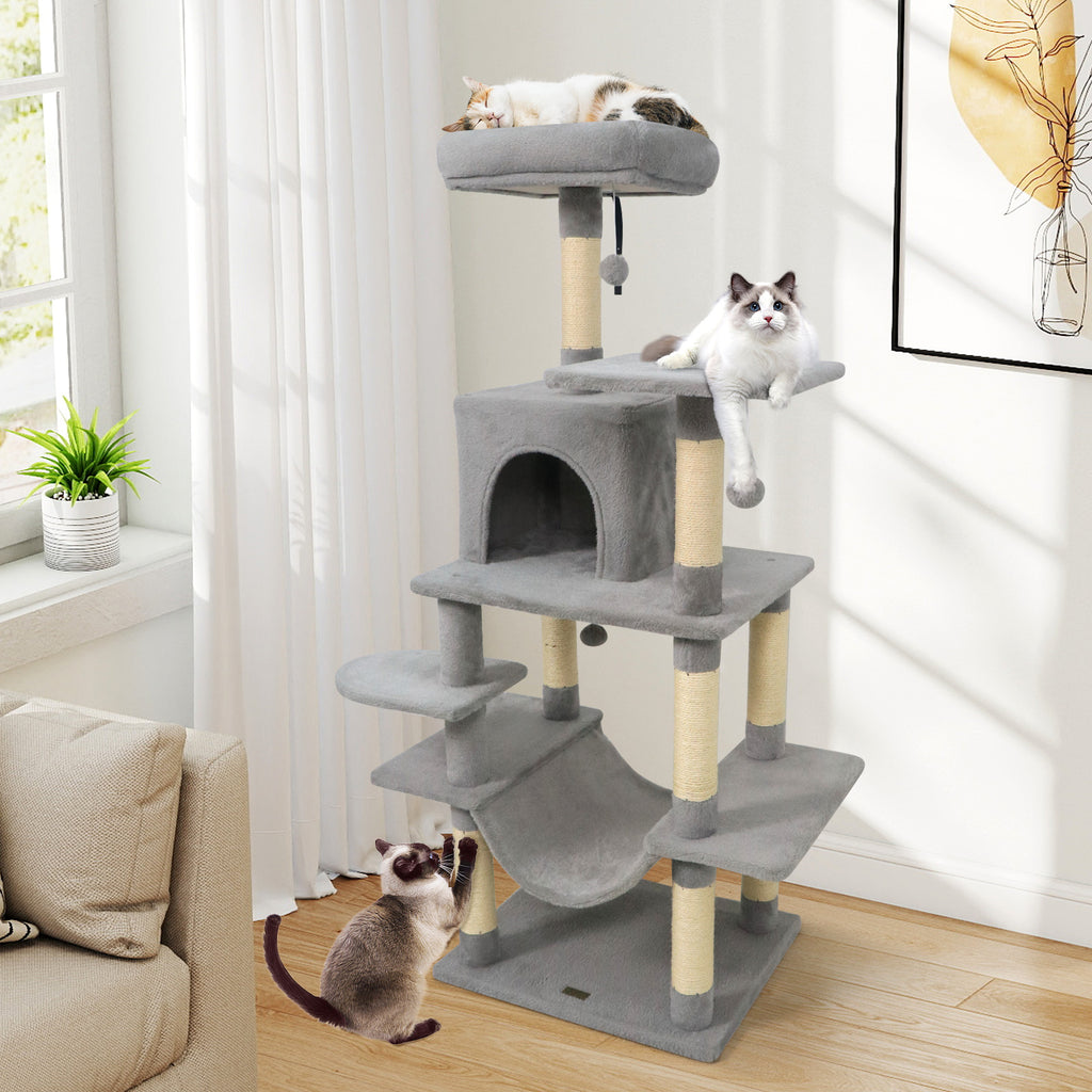 58-Inch Multi-Level Cat Tree with Padded Top Perch - Light Gray Variation
