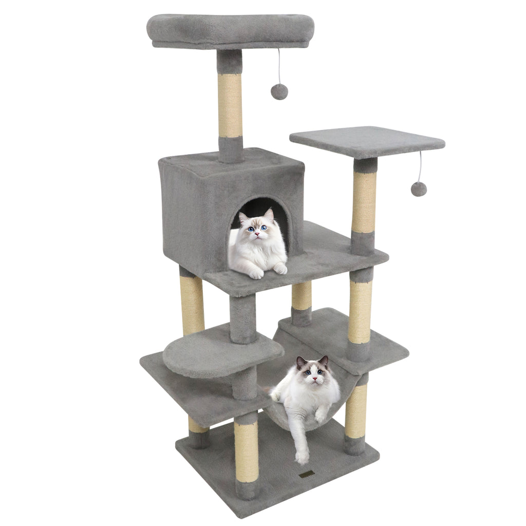 58-Inch Multi-Level Cat Tree with Padded Top Perch - Light Gray Variation
