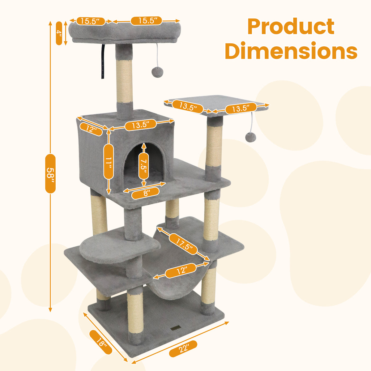 58-Inch Multi-Level Cat Tree with Padded Top Perch - Light Gray Variation