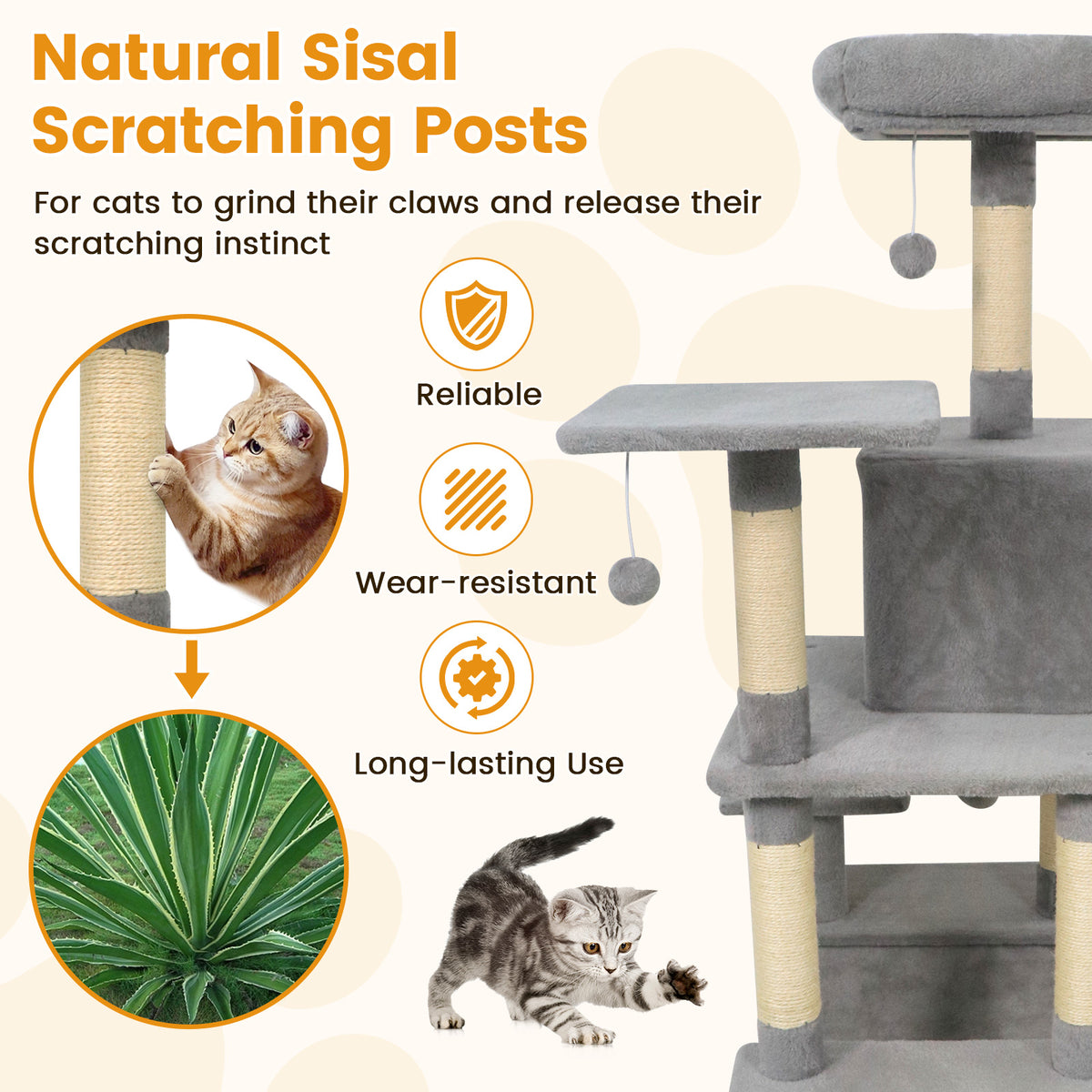 58-Inch Multi-Level Cat Tree with Padded Top Perch - Light Gray Variation
