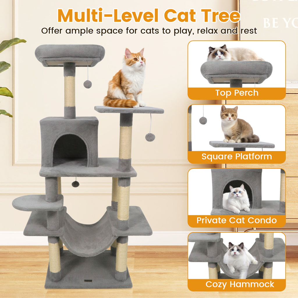 58-Inch Multi-Level Cat Tree with Padded Top Perch - Light Gray Variation