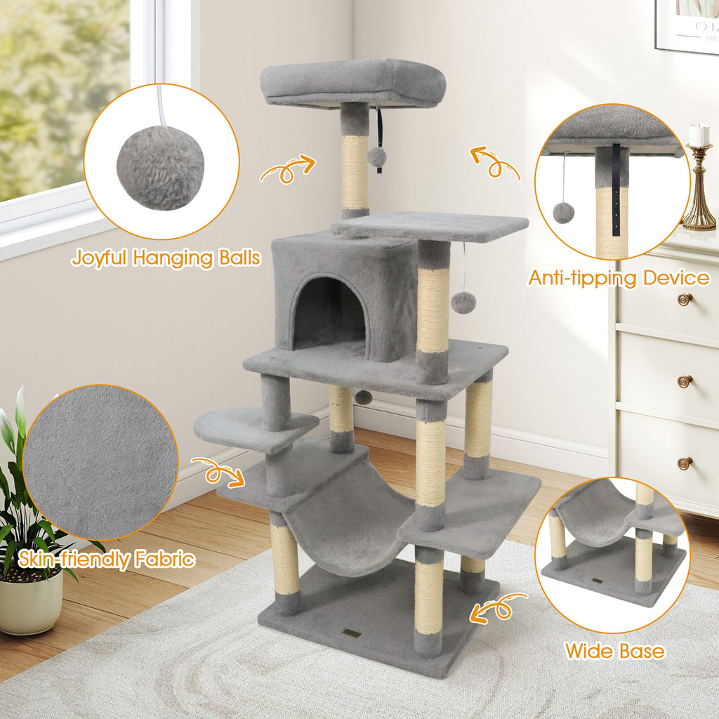 58-Inch Multi-Level Cat Tree with Padded Top Perch - Light Gray Variation