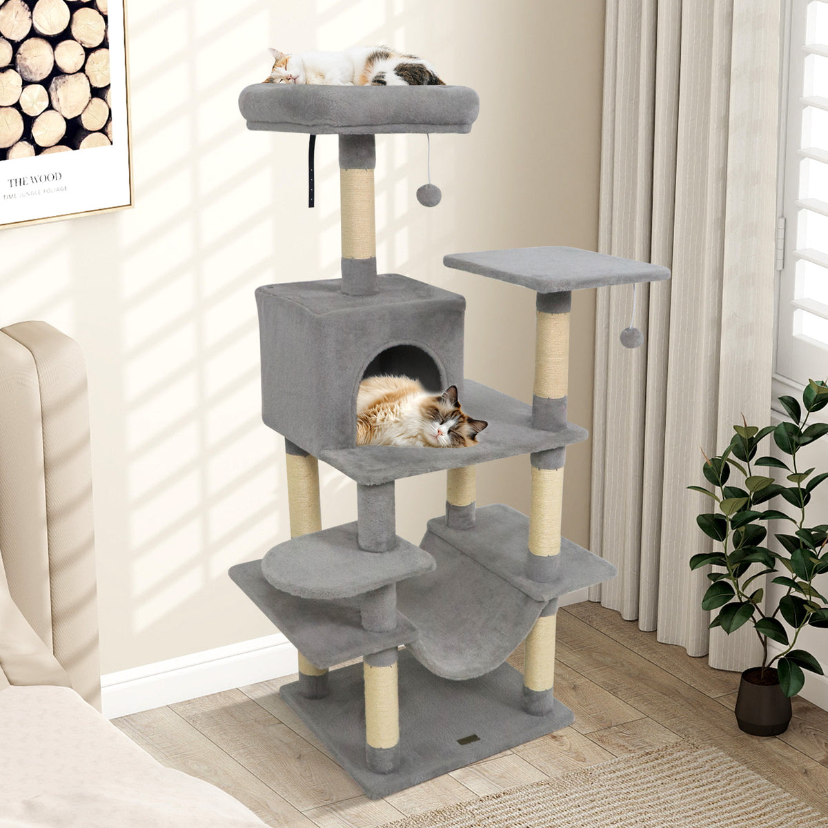 58-Inch Multi-Level Cat Tree with Padded Top Perch - Light Gray Variation