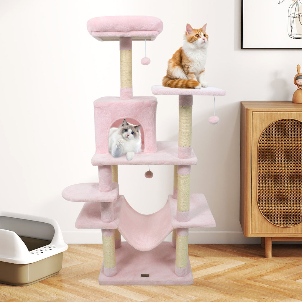 58-Inch Multi-Level Cat Tree Tower with Plush Perch & Sisal Posts - Pink Variation
