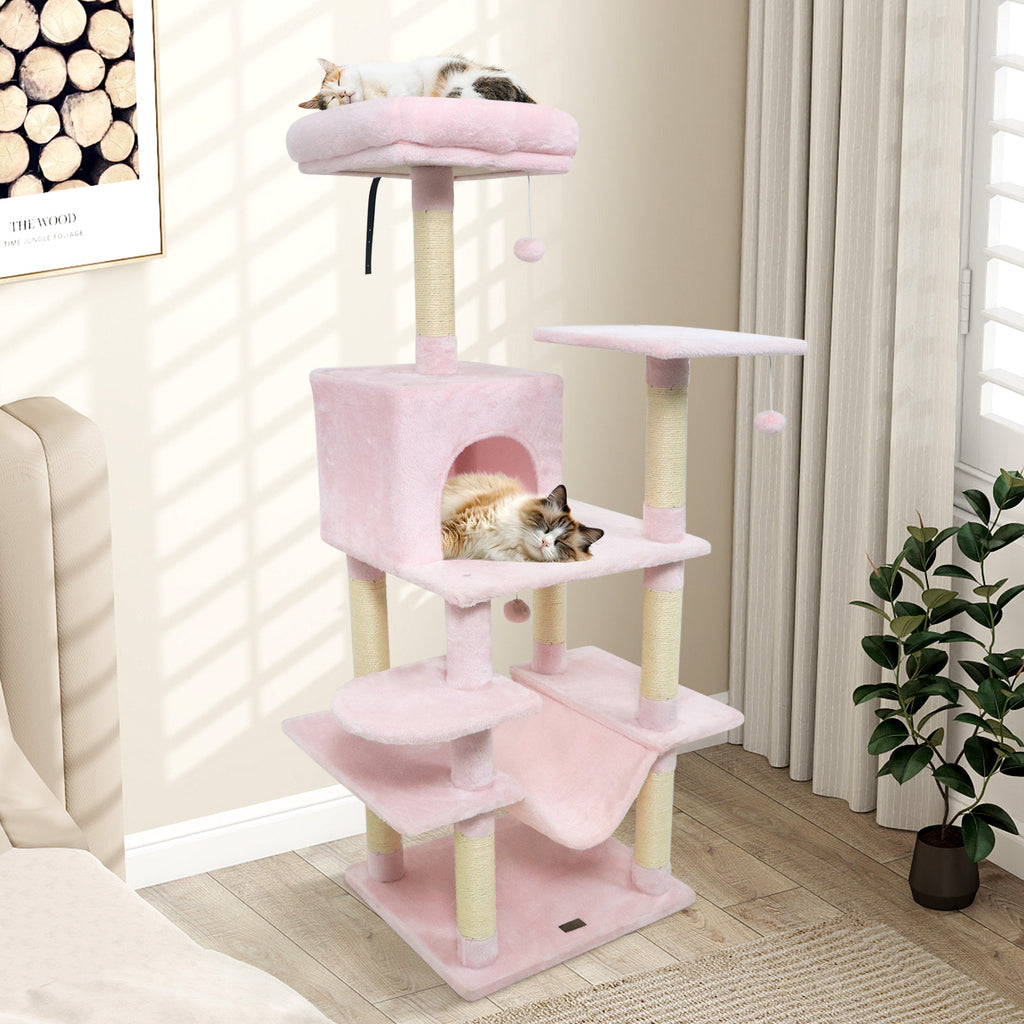 58-Inch Multi-Level Cat Tree Tower with Plush Perch & Sisal Posts - Pink Variation