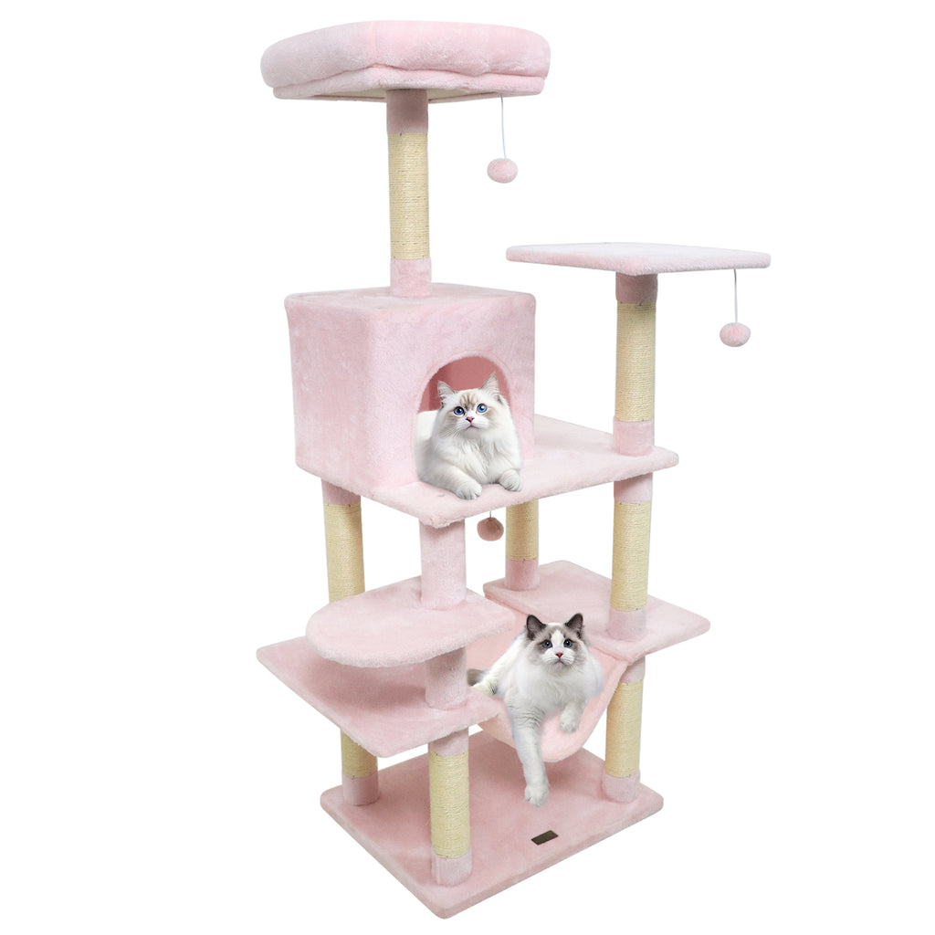 58-Inch Multi-Level Cat Tree Tower with Plush Perch & Sisal Posts - Pink Variation