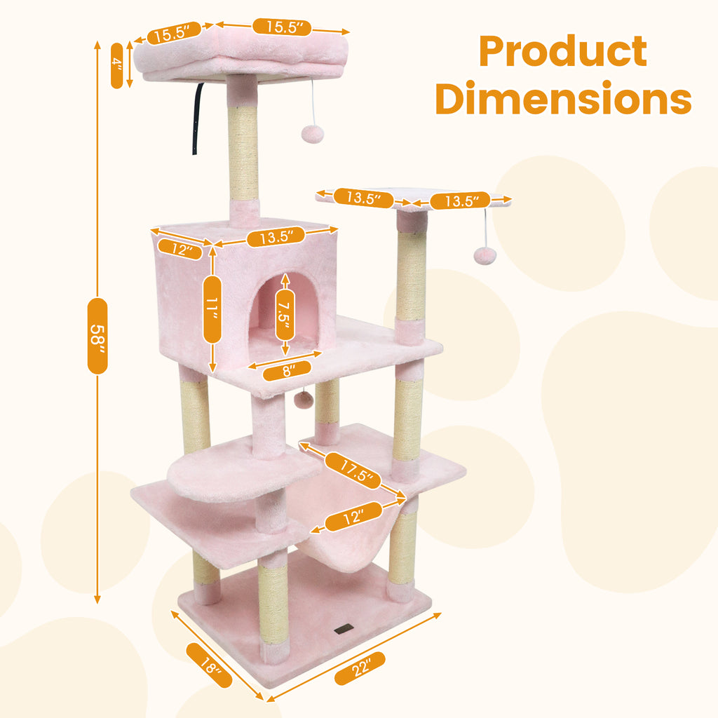 58-Inch Multi-Level Cat Tree Tower with Plush Perch & Sisal Posts - Pink Variation