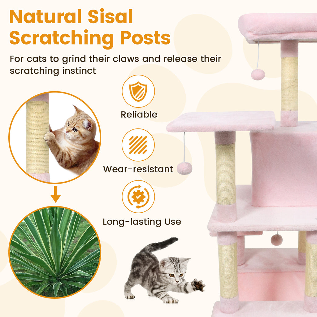 58-Inch Multi-Level Cat Tree Tower with Plush Perch & Sisal Posts - Pink Variation