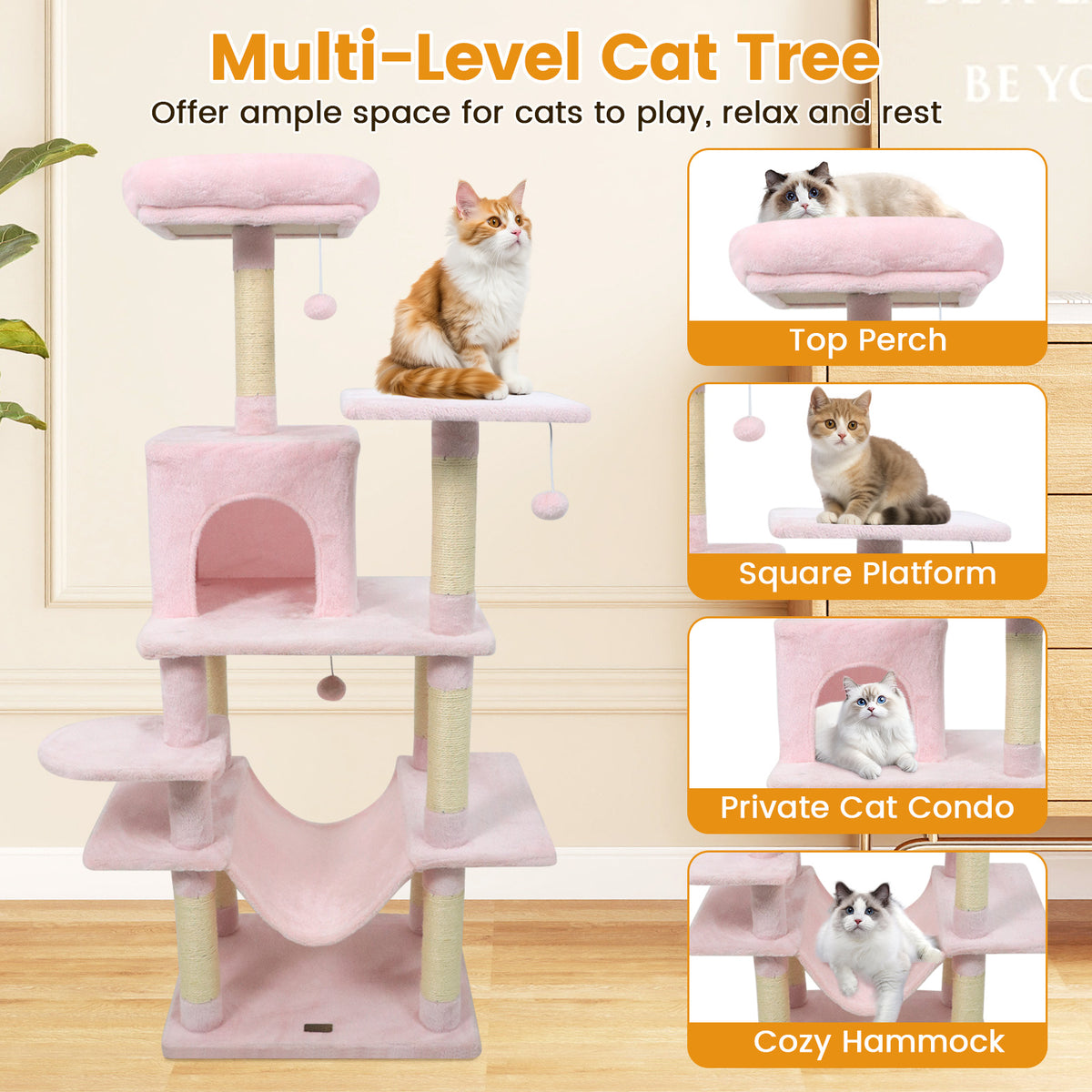 58-Inch Multi-Level Cat Tree Tower with Plush Perch & Sisal Posts - Pink Variation