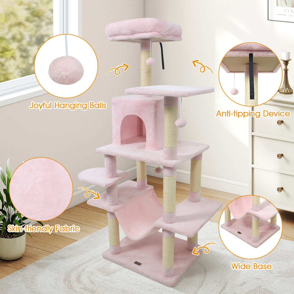 58-Inch Multi-Level Cat Tree Tower with Plush Perch & Sisal Posts - Pink Variation