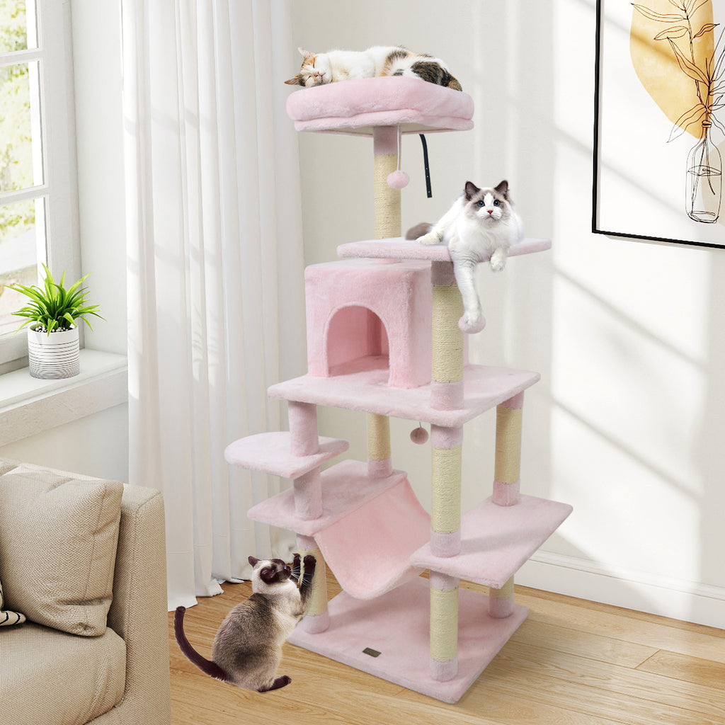 58-Inch Multi-Level Cat Tree Tower with Plush Perch & Sisal Posts - Pink Variation