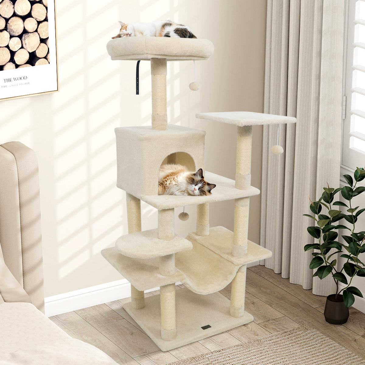 58-Inch Multi-Level Cat Tree Tower with Plush Padded Perch & Sisal Posts - Gray Variation