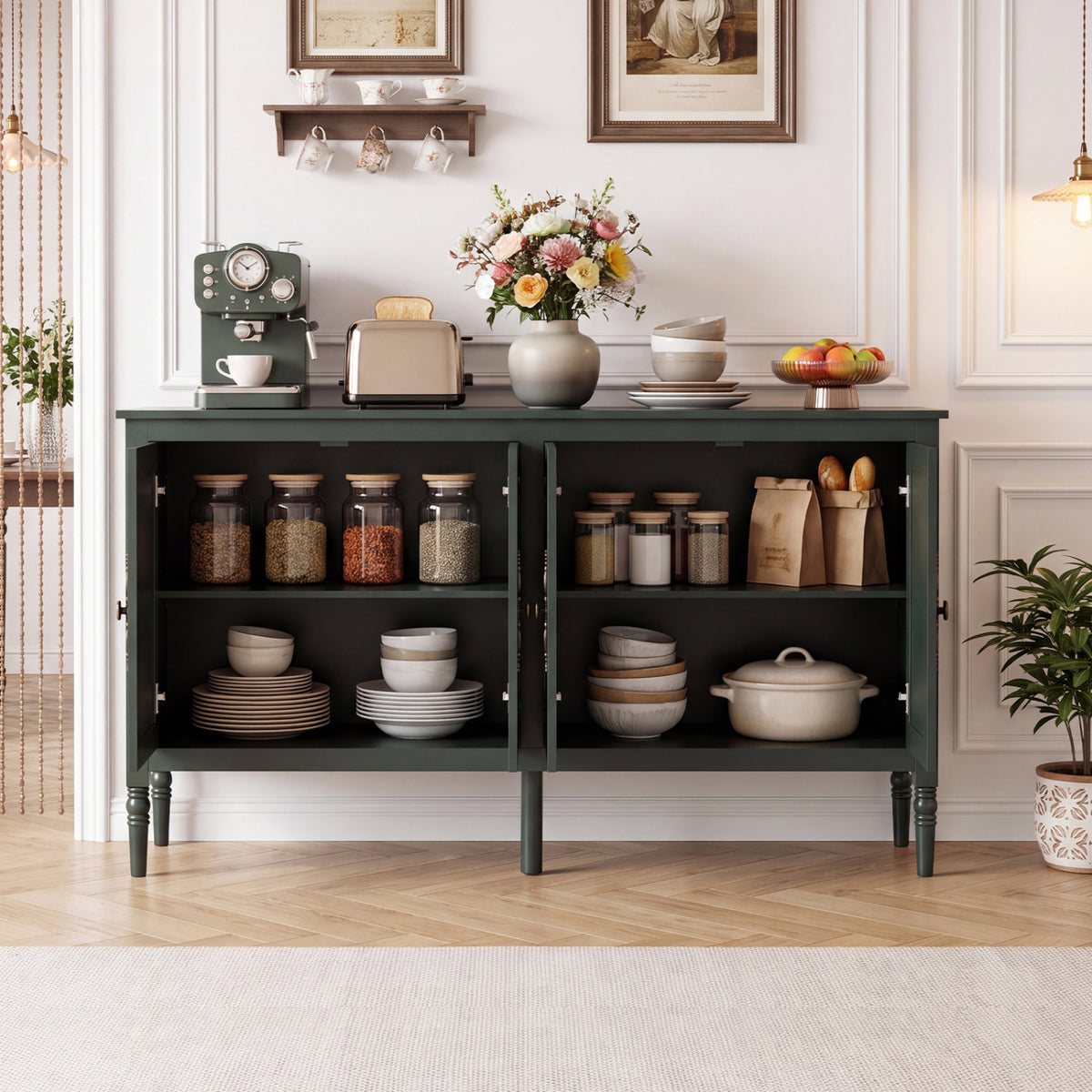 58" Vintage Buffet Cabinet with Pine Wood Legs - Green