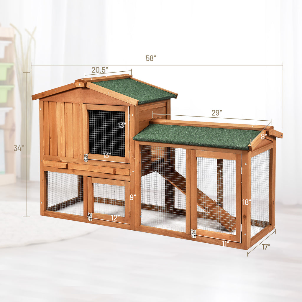 58 Inch Weatherproof Wooden Rabbit Hutch with Lockable Doors - Brown Variation