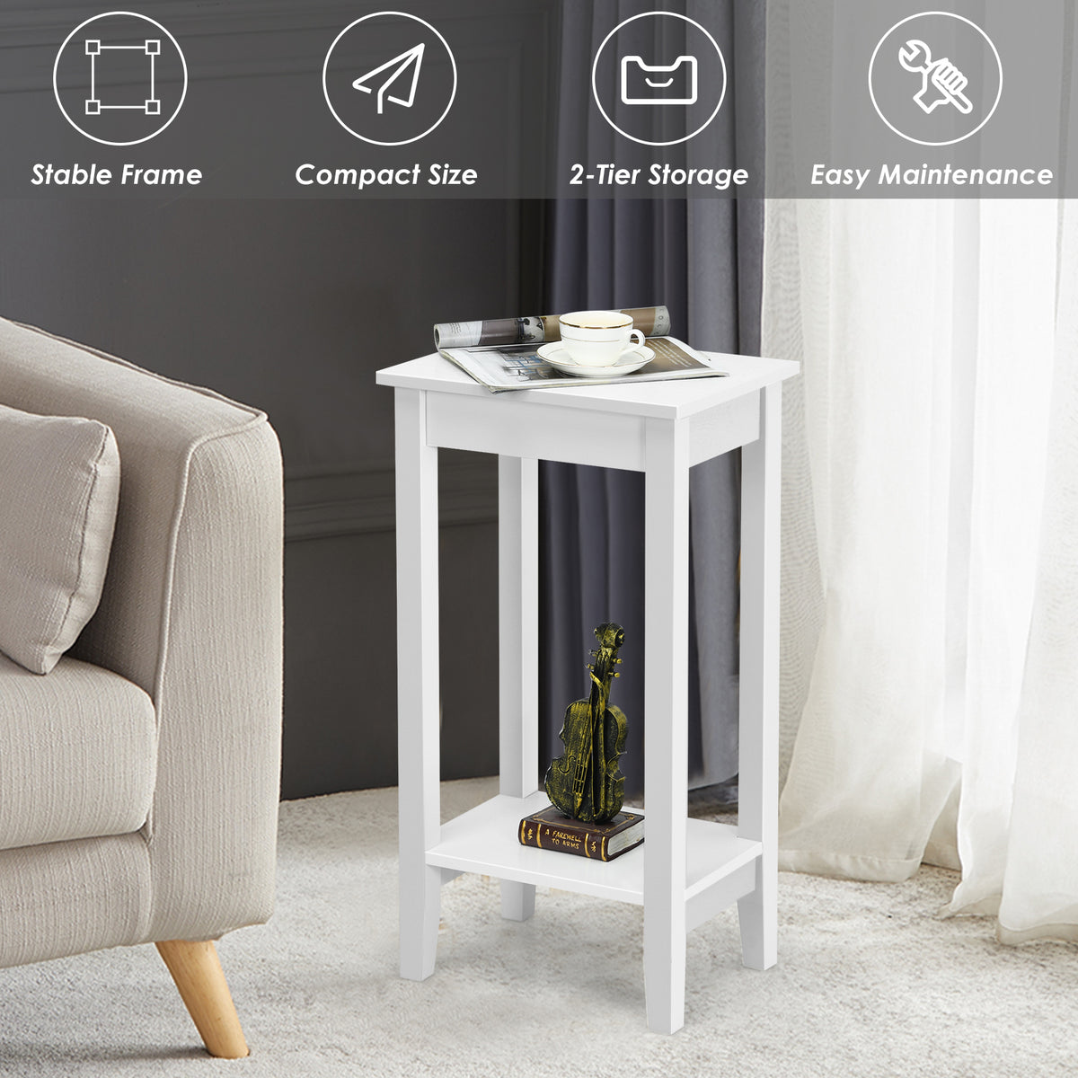 2-Tier End Table with Storage Shelf, Set of 2, White