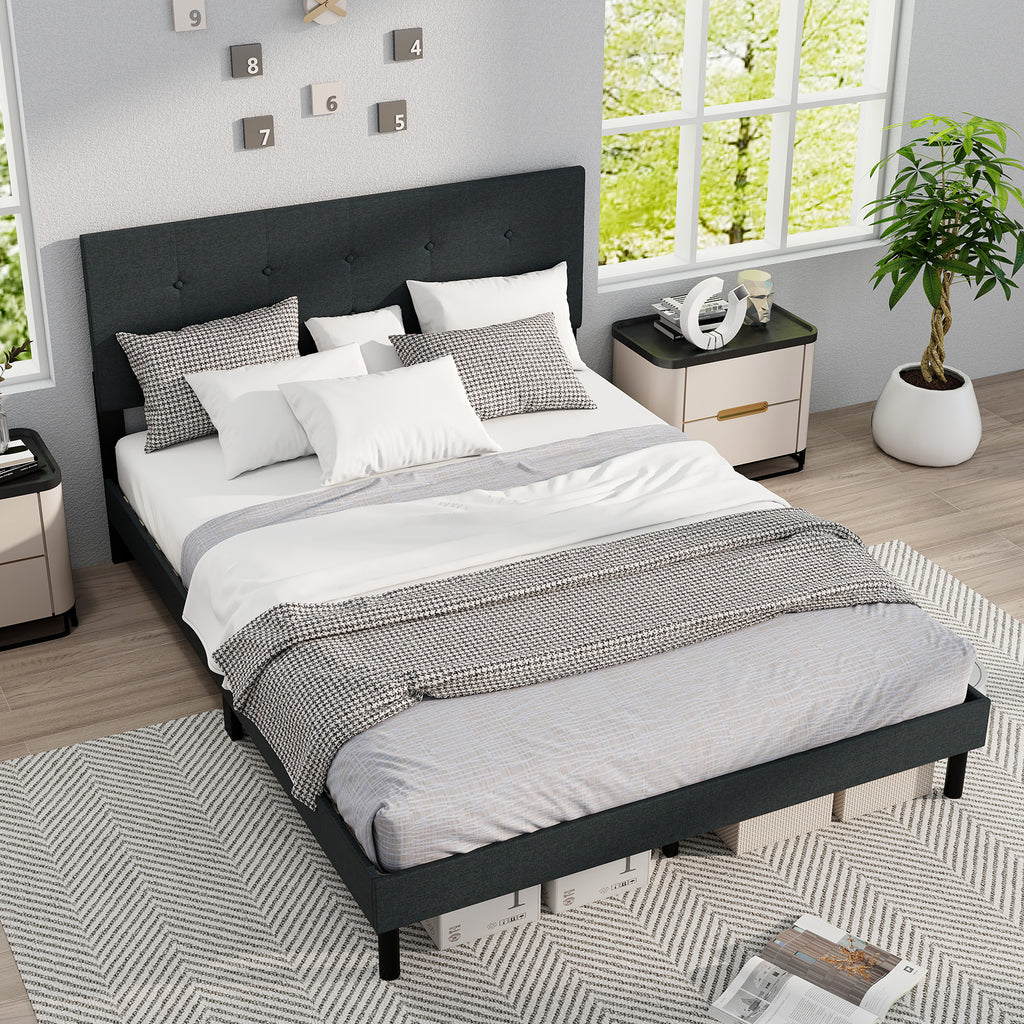 Queen Size Upholstered Bed Frame Linen Platform Bed - Dark Gray