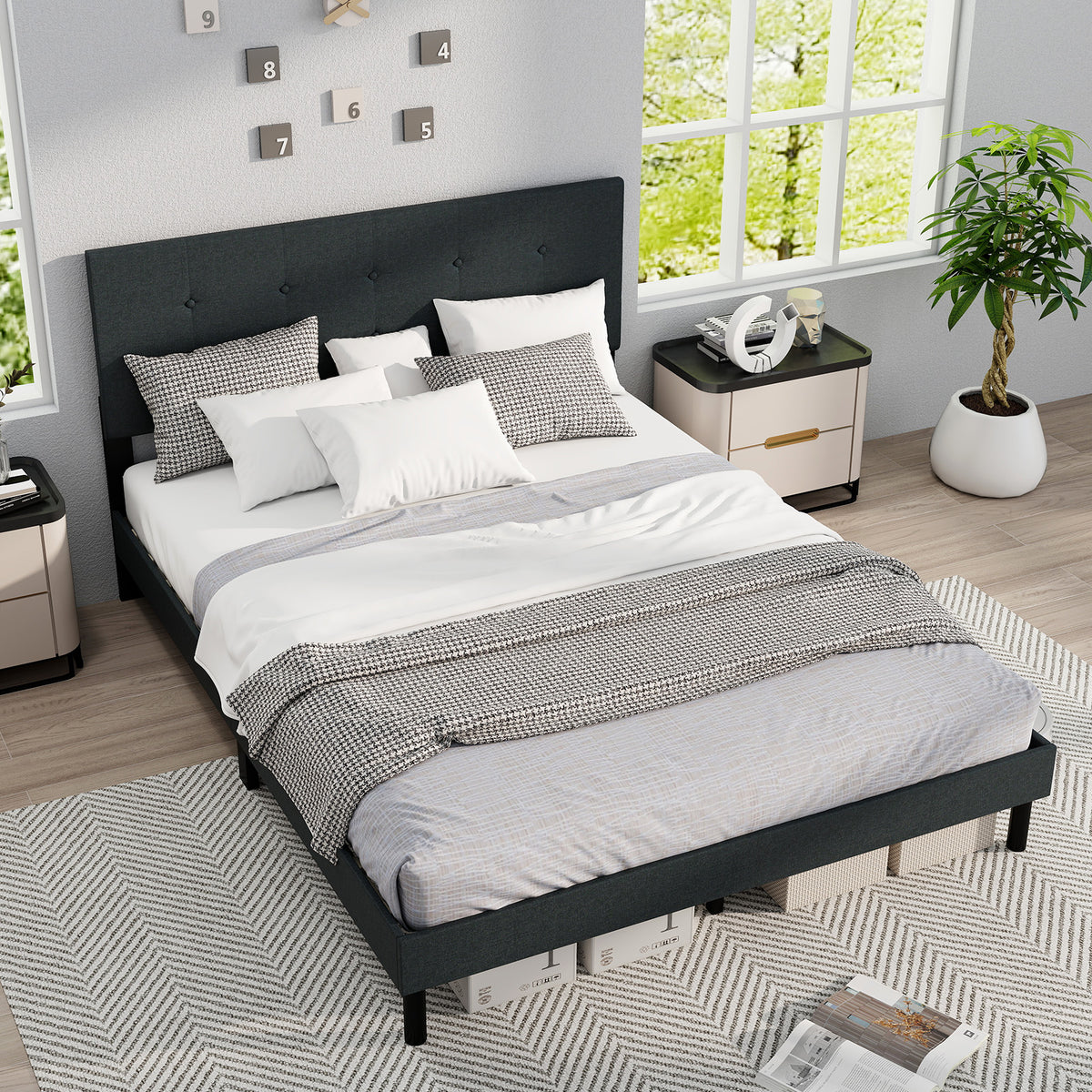 Queen Size Upholstered Bed Frame Linen Platform Bed - Dark Gray