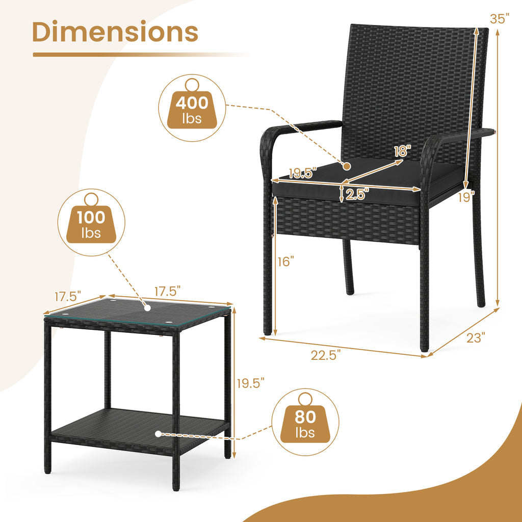 3 Piece Patio Furniture Set with Seat Cushions and Tempered Glass