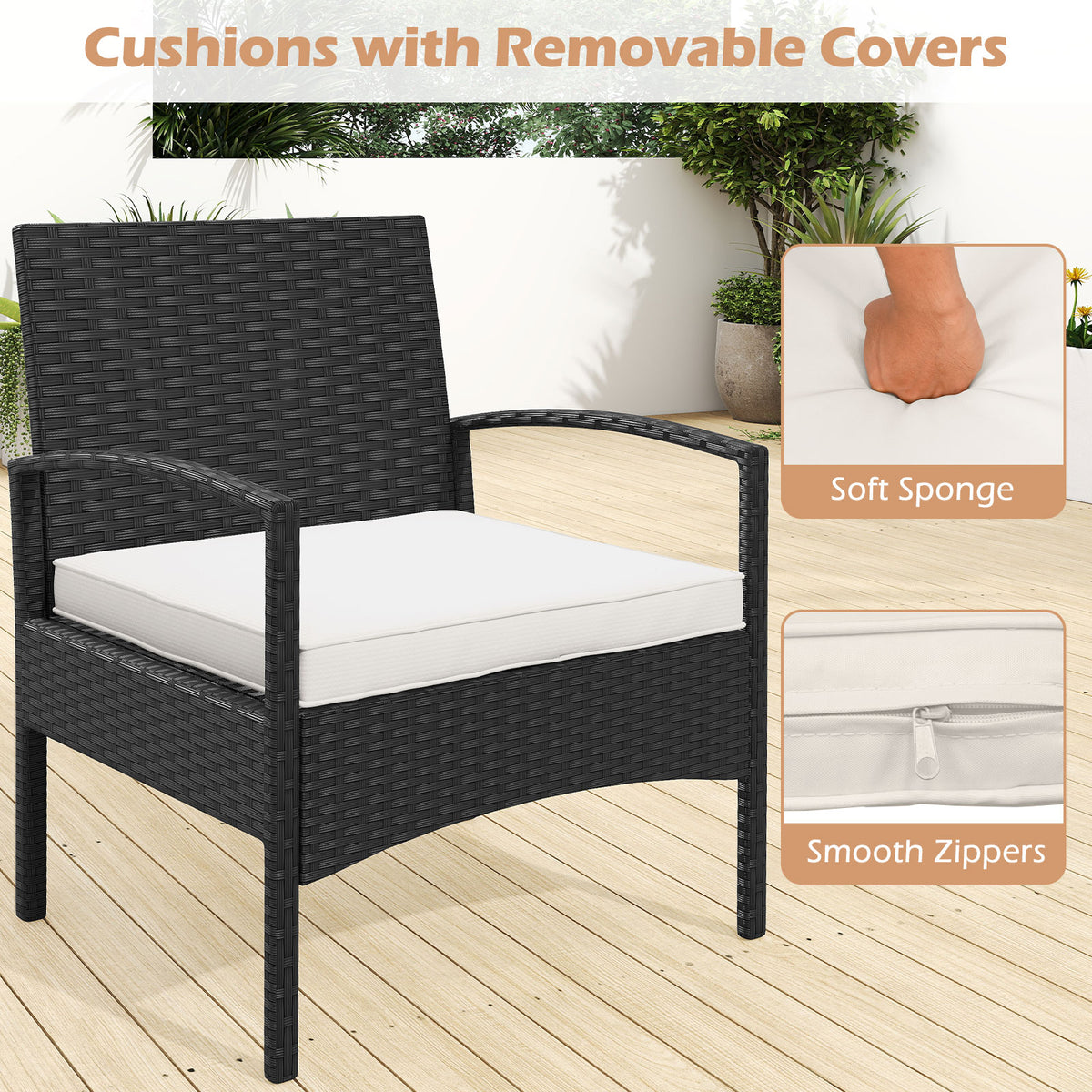 3-Piece Rattan Patio Bistro Set with Cushions - Beige