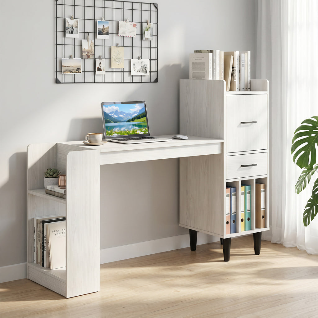 59" Home Office Desk with Side Storage Shelves and Drawer Cabinets