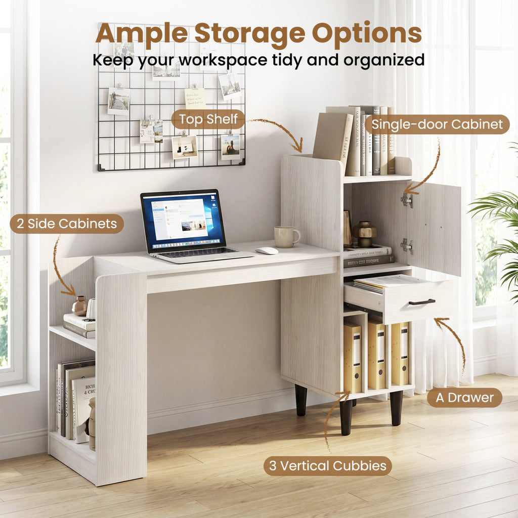 59" Home Office Desk with Side Storage Shelves and Drawer Cabinets