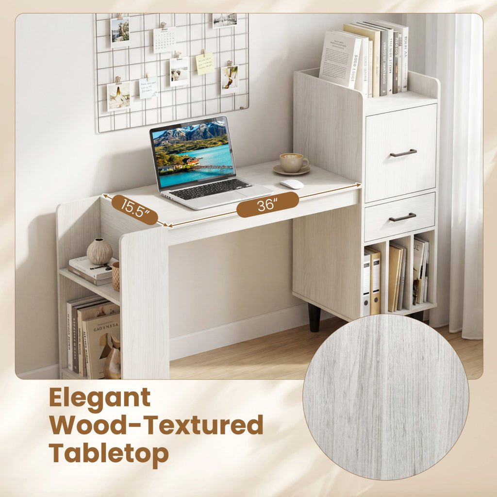 59" Home Office Desk with Side Storage Shelves and Drawer Cabinets