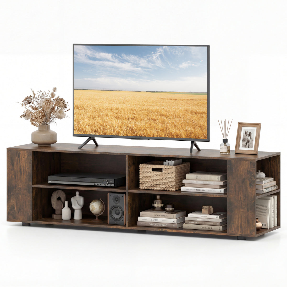 Wooden TV Stand with 8 Open Shelves for 65-Inch TVs - Walnut