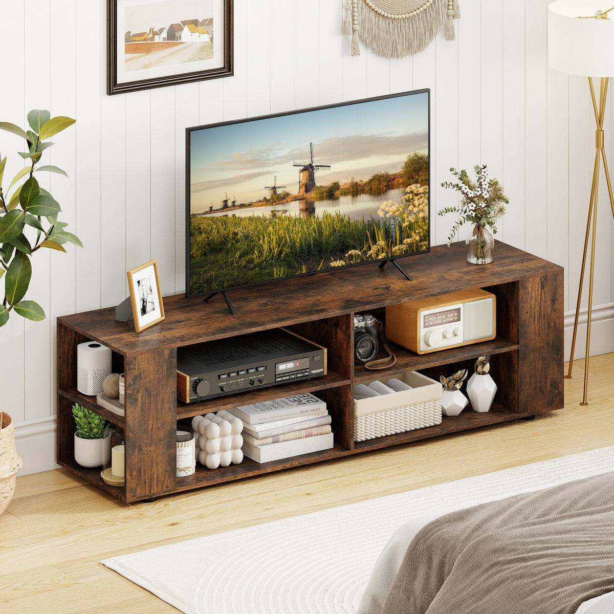 Wooden TV Stand with 8 Open Shelves for 65-Inch TVs - Walnut