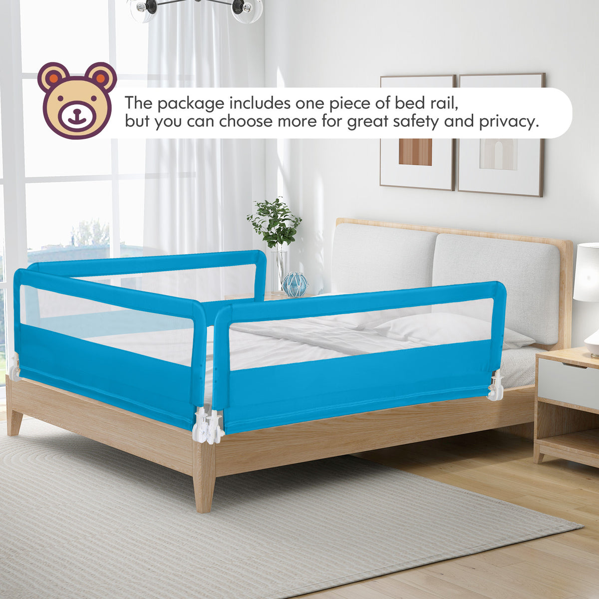59 Inch Folding Baby Bed Rail Guard with Safety Strap - Blue, Breathable Mesh
