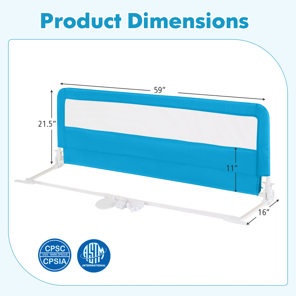 59 Inch Folding Baby Bed Rail Guard with Safety Strap - Blue, Breathable Mesh