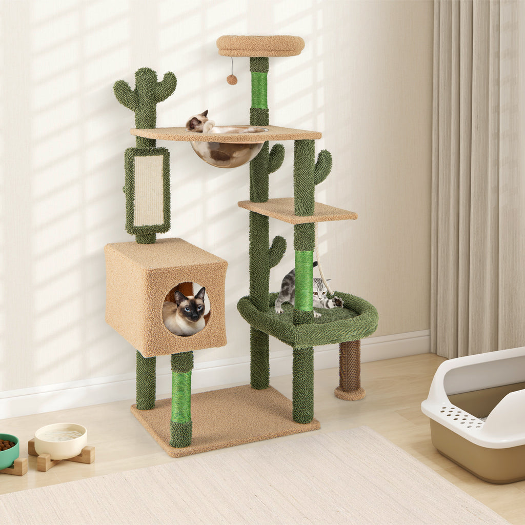 Multilevel Cactus Cat Tree with Scratching Posts and Perches - Green, 59 Inch