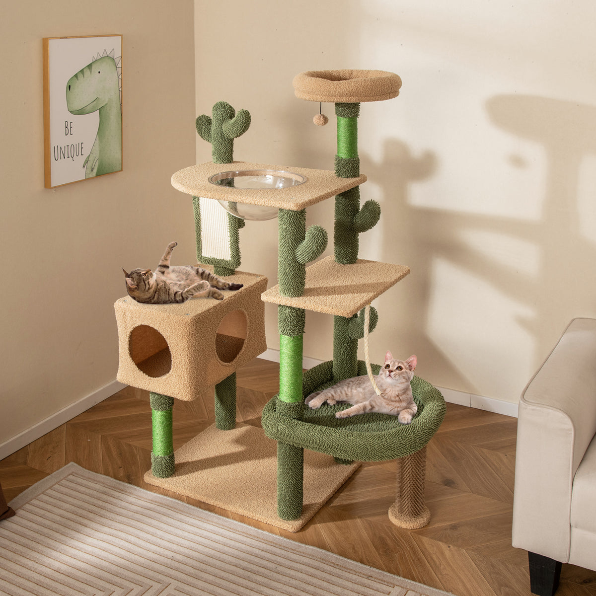 Multilevel Cactus Cat Tree with Scratching Posts and Perches - Green, 59 Inch