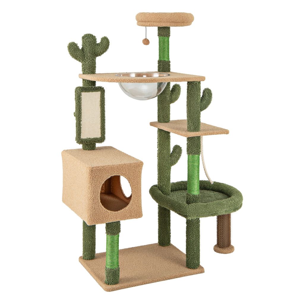 Multilevel Cactus Cat Tree with Scratching Posts and Perches - Green, 59 Inch
