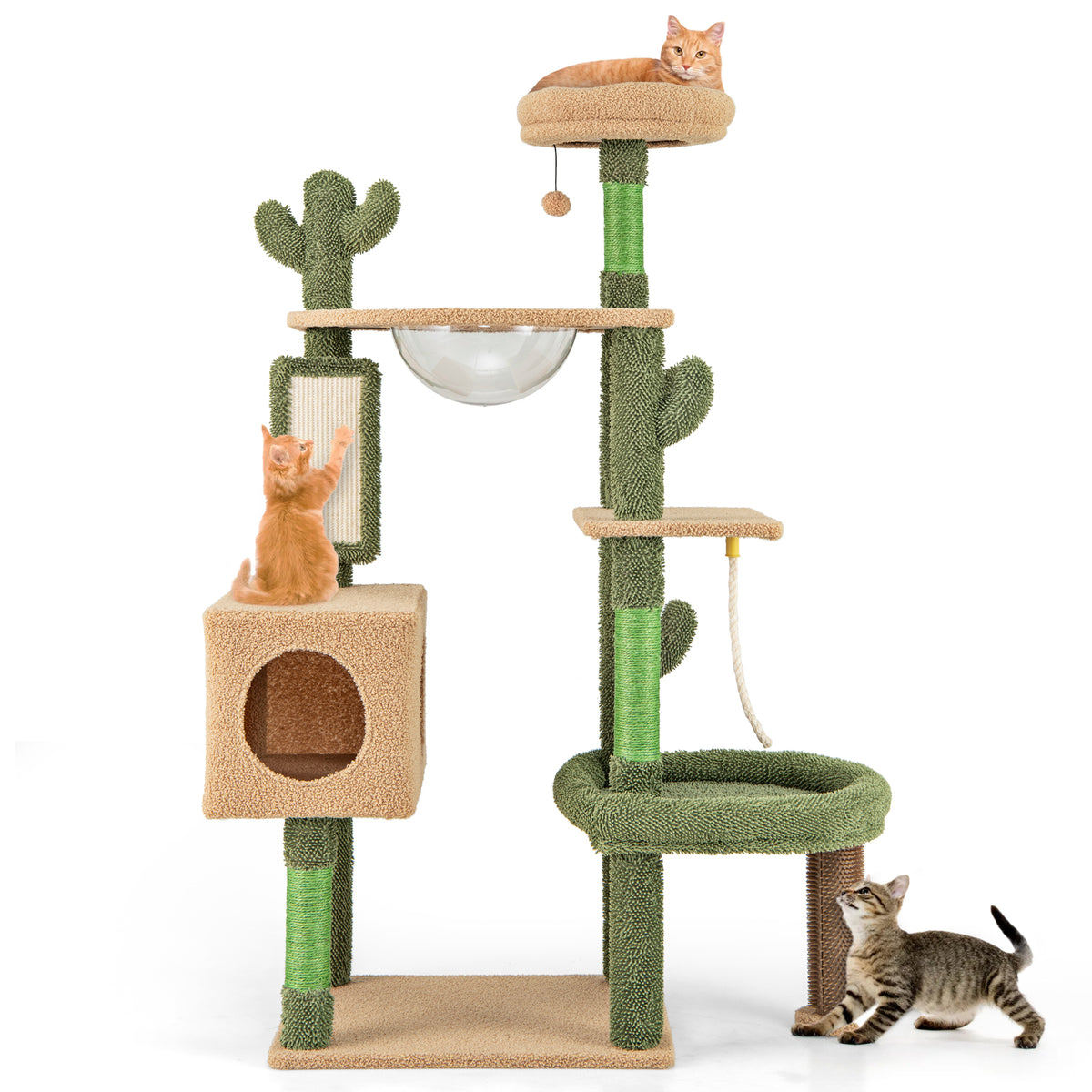 Multilevel Cactus Cat Tree with Scratching Posts and Perches - Green, 59 Inch