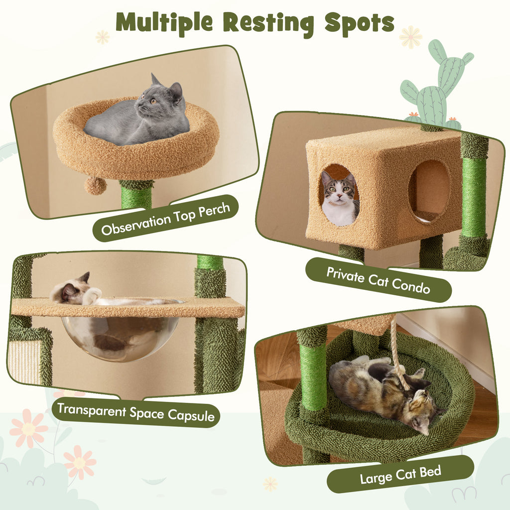 Multilevel Cactus Cat Tree with Scratching Posts and Perches - Green, 59 Inch