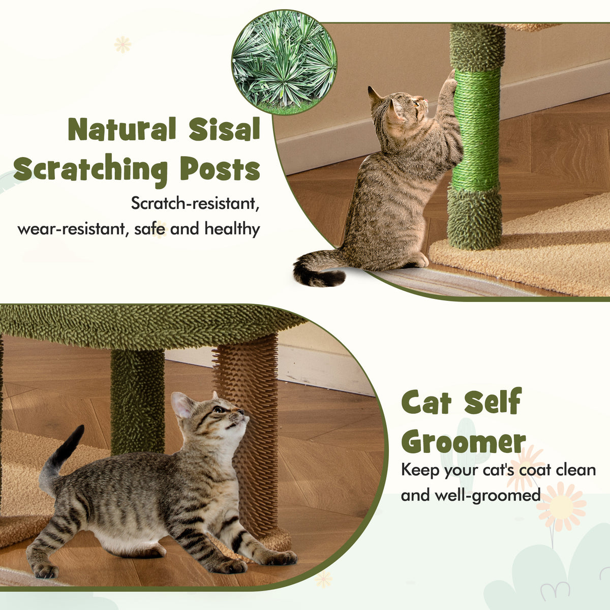 Multilevel Cactus Cat Tree with Scratching Posts and Perches - Green, 59 Inch