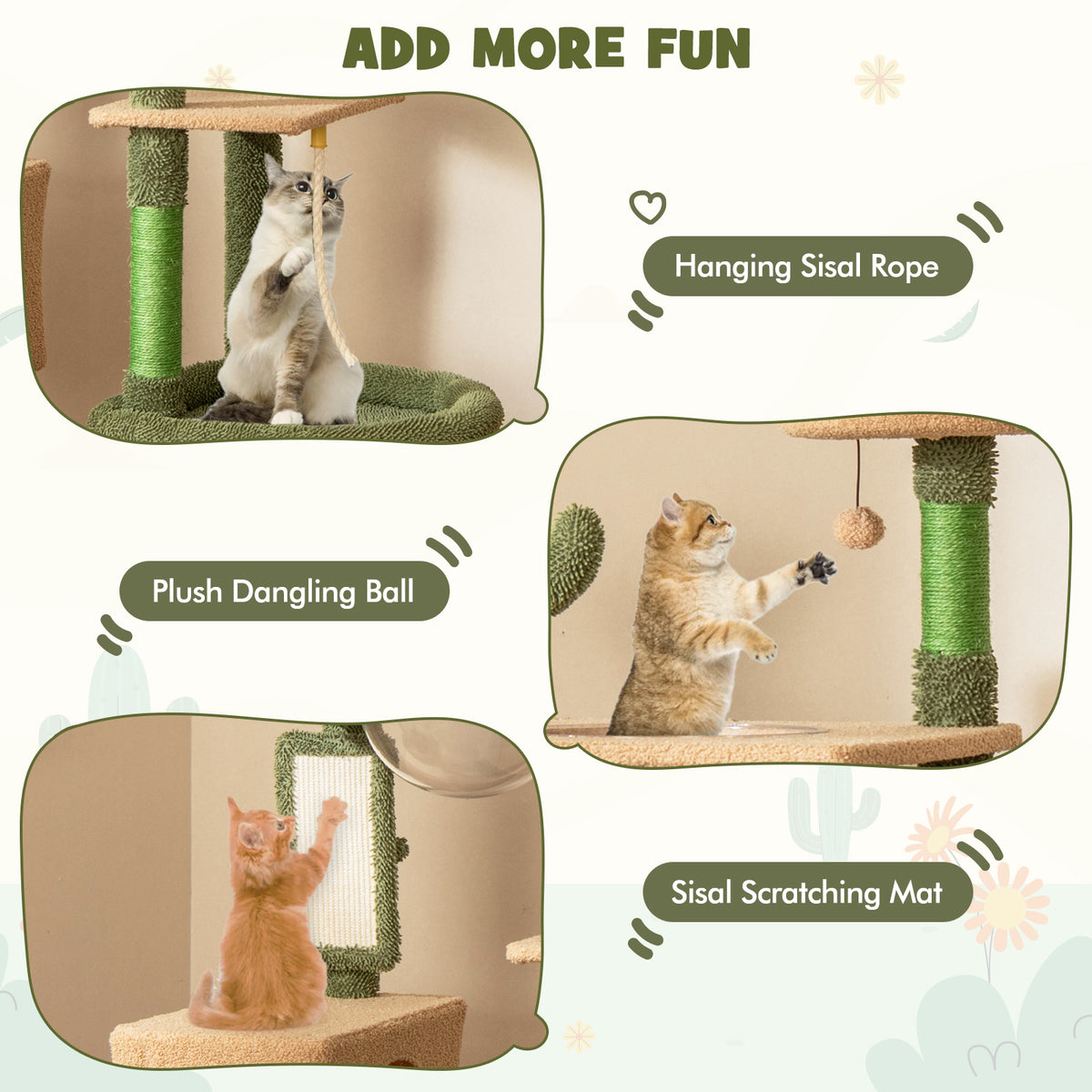 Multilevel Cactus Cat Tree with Scratching Posts and Perches - Green, 59 Inch