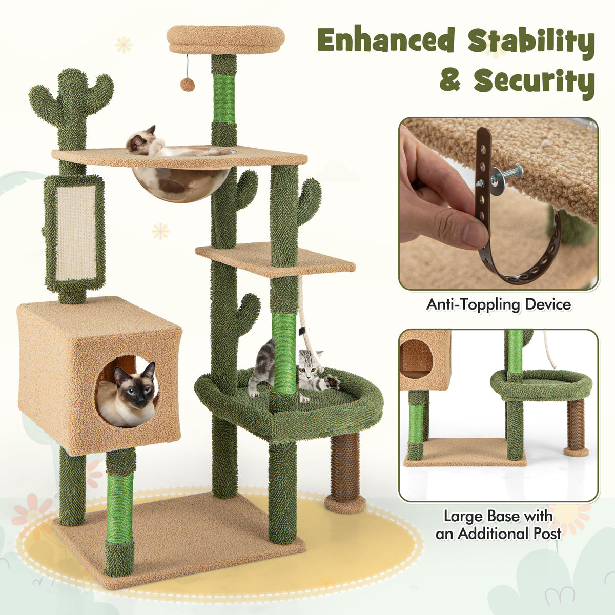 Multilevel Cactus Cat Tree with Scratching Posts and Perches - Green, 59 Inch