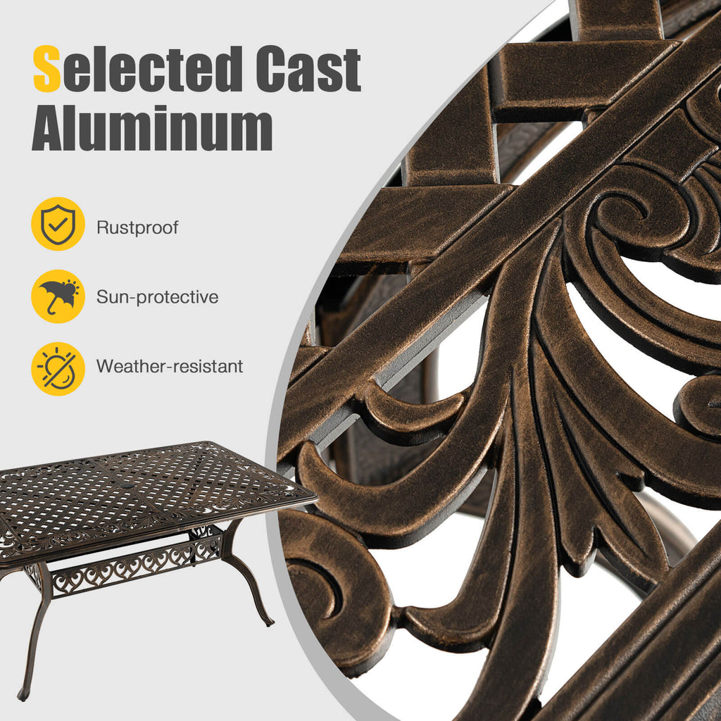 59 Inch Aluminum Patio Dining Table with Umbrella Hole fot 6 Persons