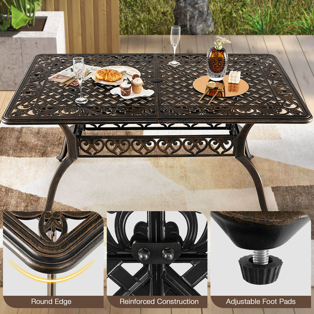 59 Inch Aluminum Patio Dining Table with Umbrella Hole fot 6 Persons